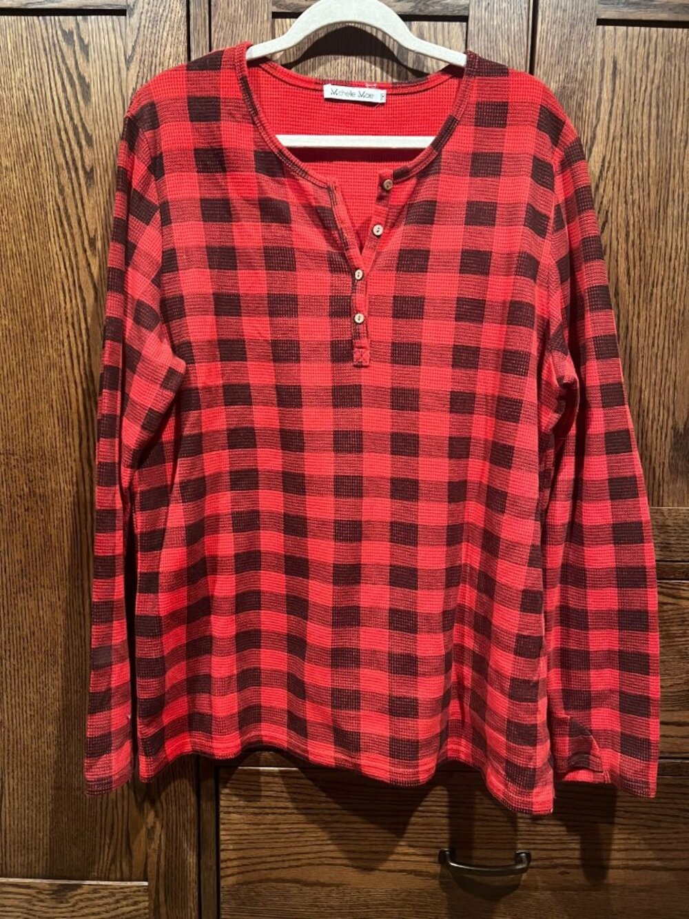 Michelle Mae Buffalo Plaid Long Sleeve Henley Shirt 2XL Red & Black Waffle Knit